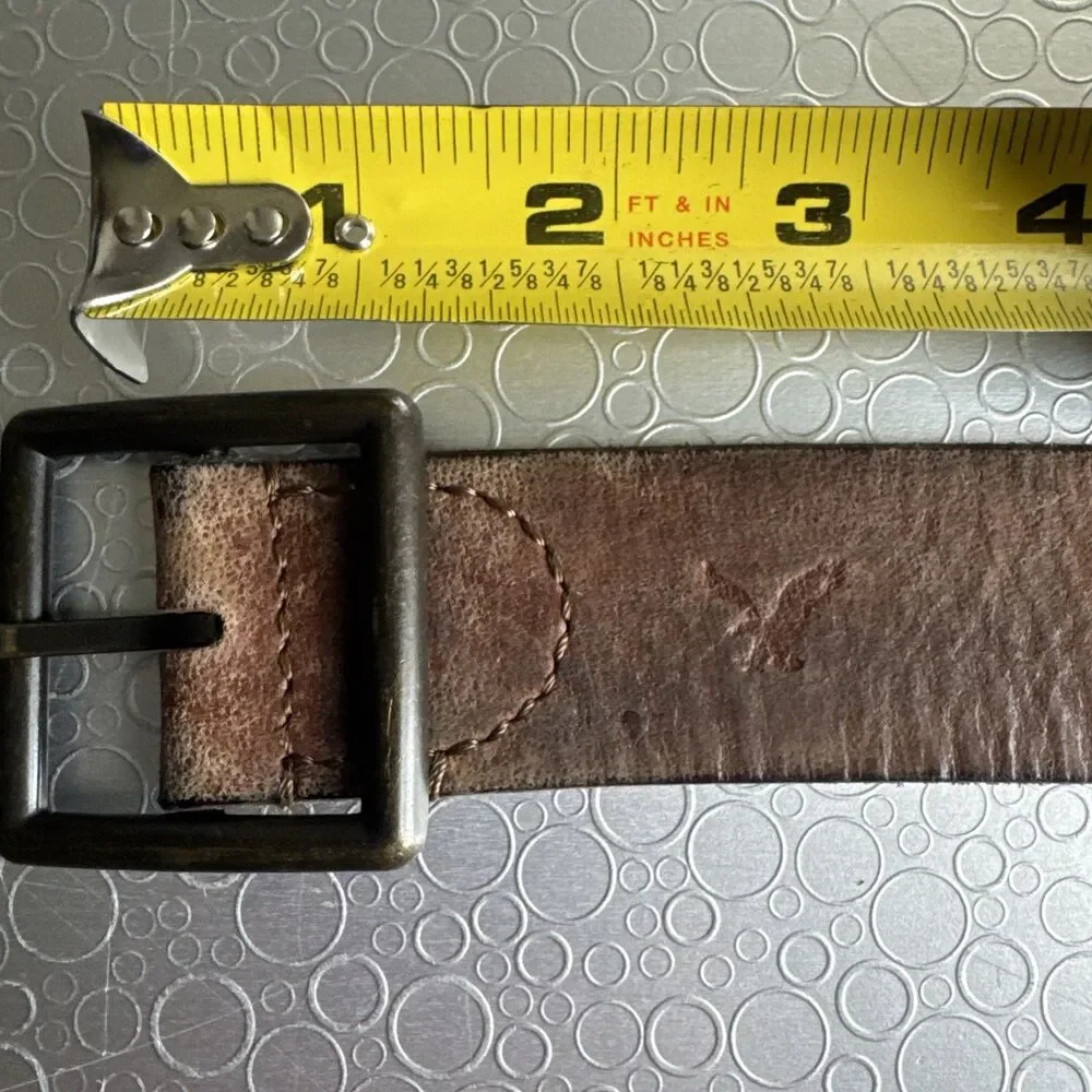 American Eagle Mens Rugged Brown Leather Reversible Belt 44 Eagle Logo Y2K